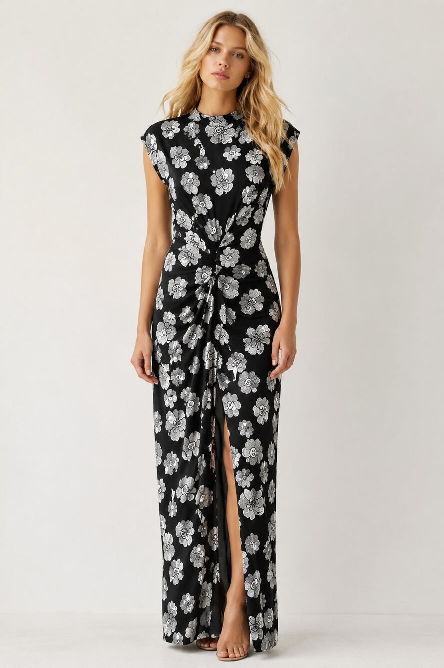 Diane von Furstenberg Apollo Floral Ruched Jersey Maxi Dress L Black White